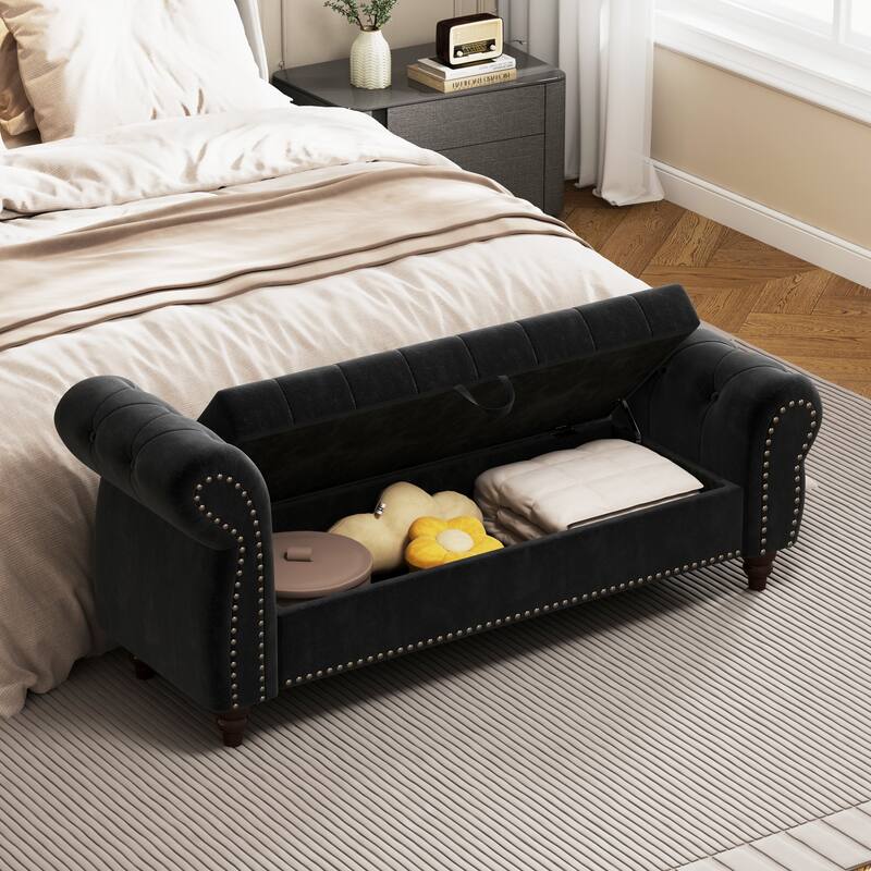Storage Bench Accent Bench Black End of Bed Bench with Nailhead Trim, Leisure Bench Vanity Bench with Armrests