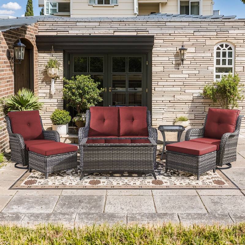 Pocassy Outdoor Sofa Swivel Chairs Table Ottoman 4 Inch Set - Grey Wicker Red Cushion - 7 Pieces 2-Seat Sofa Swivel Chair Table Ottoman