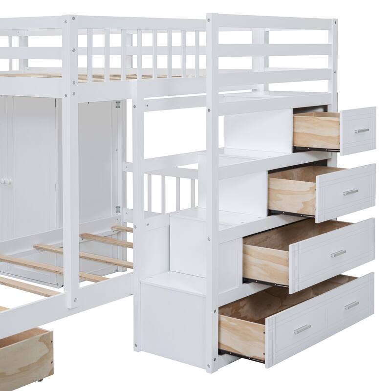 White Full Over Twin Bunk Bed with Wardrobe and Drawers, Space-Saving Design