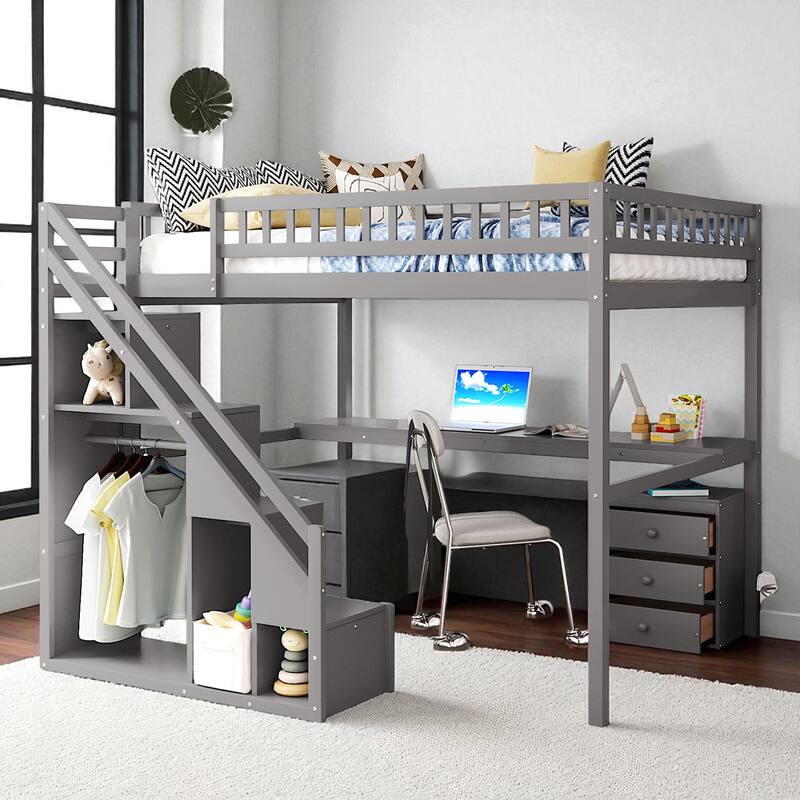 Twin/Full Loft Bed with Desk, 2 Storage Drawers, LED Light Strip, Side Stairs, Study & Space-Saving Design