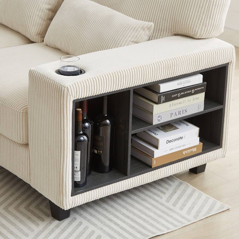 102.75" Corduroy L-Shaped Modular Sectional Sofa with Storage and Cup Holder