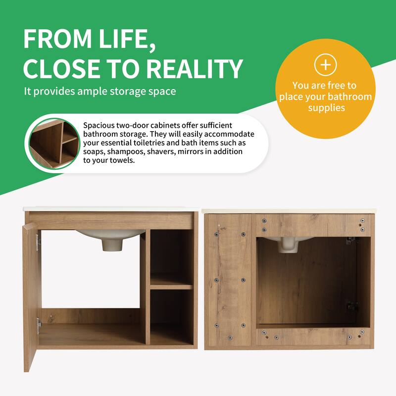 BNK 20"/24"/30" Single Sink Bathroom Vanity with Soft Close Door or Right Side Shelves, Modern Floating Vanity - 24''W - IMOX