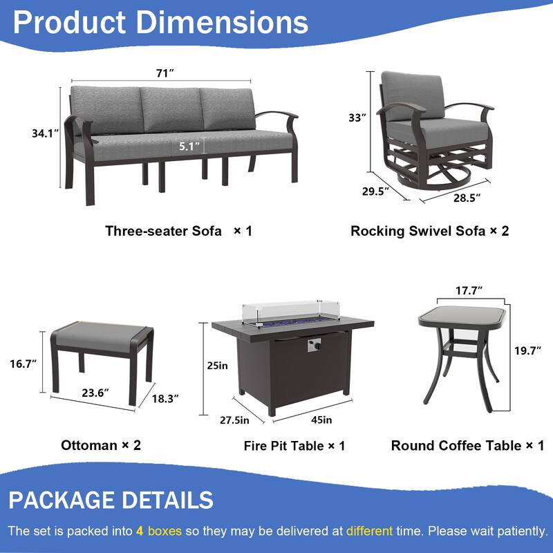 Aluminum Patio Furniture Set with Fire Pit, Ottomans & Rocking-Swivel Chairs, Modular Sofa with Thick Cushions