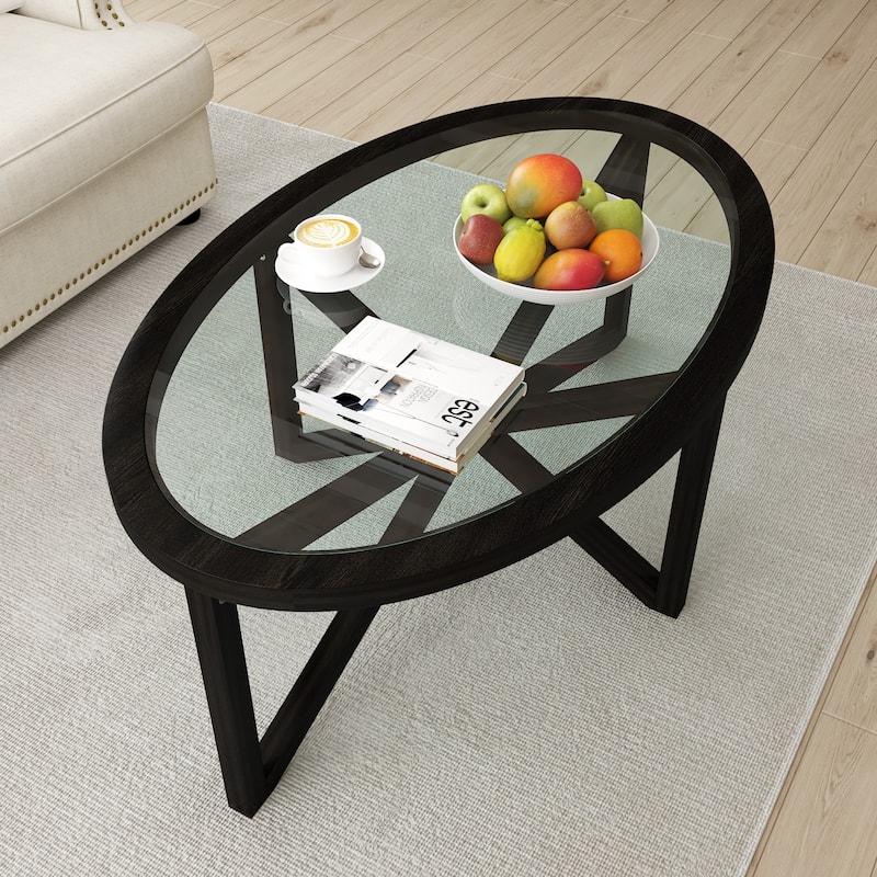 Glass Top Coffee Table Oval End Table with Solid Wood Base, Black Bed Bath & Beyond 39294410
