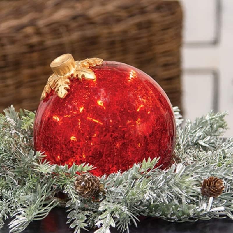 Crackled Red Glass LED Bulb Ornament with Timer and On/Off Switch - 6 x 6 x 6 in.