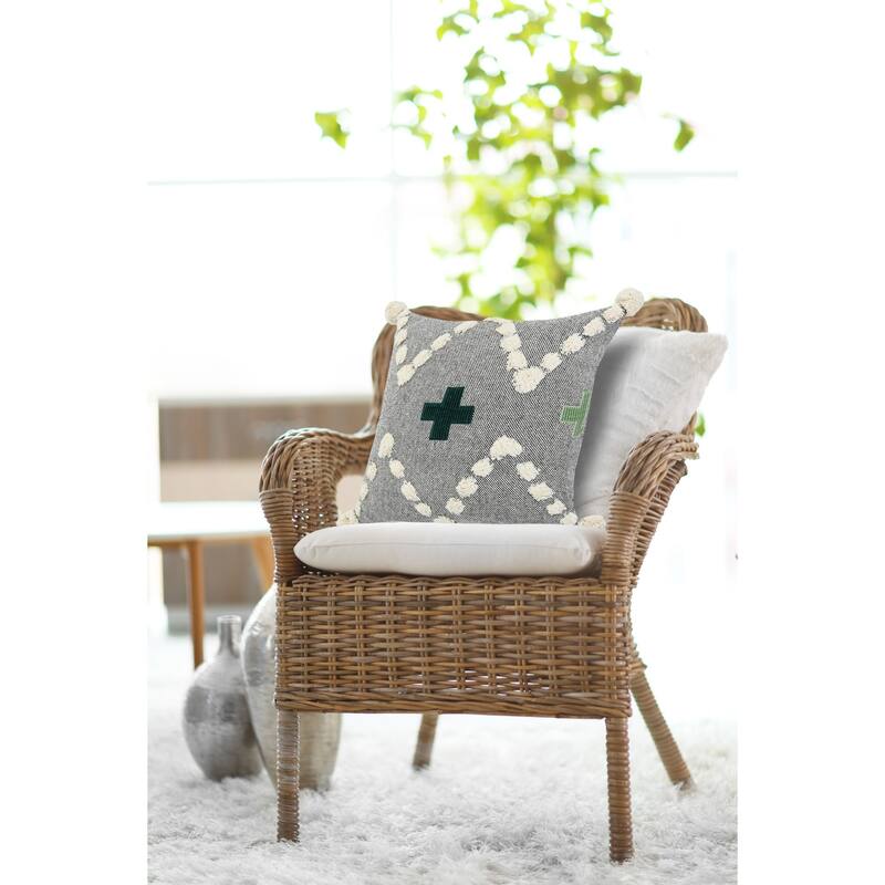 Hand-Stitched Swiss Cross Cotton Throw Pillow Cover - 20" - Gray and Green