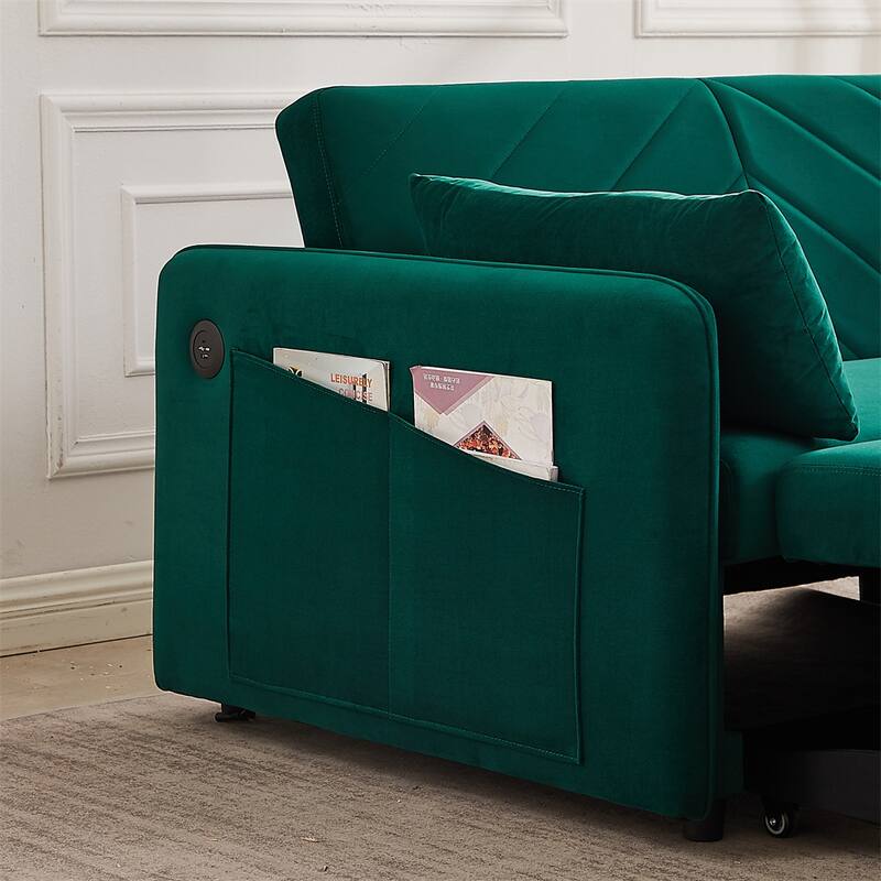 3-in-1 Soft Velvet Convertible Sleeper Sofa Bed w/ 2 Pillows, Usb Port