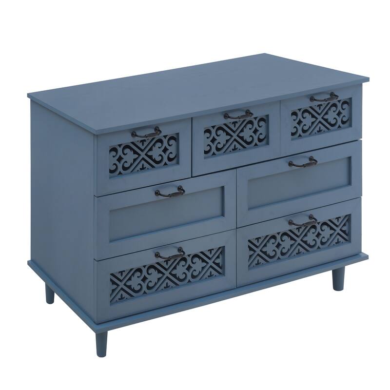 Blue Storage Closet Decorative Cabinet with Symmetrical Floral Pattern, Chic Buffet Cabinet Cupboard with Metal Handles