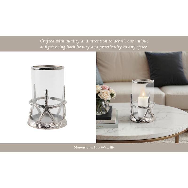 Aluminum Glass Pillar Candle Holder Starfish Design - 11" Silver - 7.5" x 7.5" x 11"