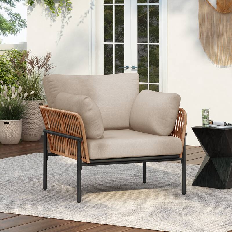 36" Light Wood-Tone Rope Iron Lounge Chair with Cushions, Perfect for Natural and Modern Spaces - Beige+Natural