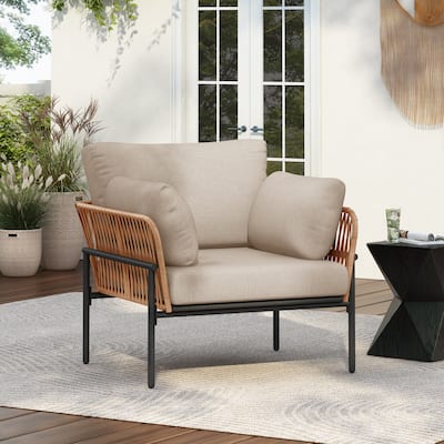 36" Light Wood-Tone Rope Iron Lounge Chair with Cushions, Perfect for Natural and Modern Spaces