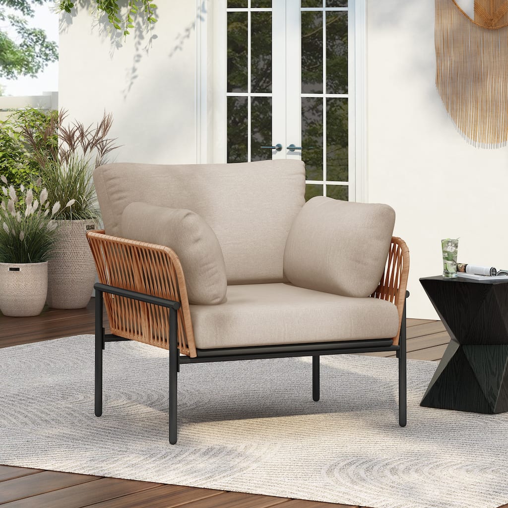 Christopher Knight Home - PureNest 36" Beige and Light Wood-Tone Rope Iron Lounge Chair with Cushions
