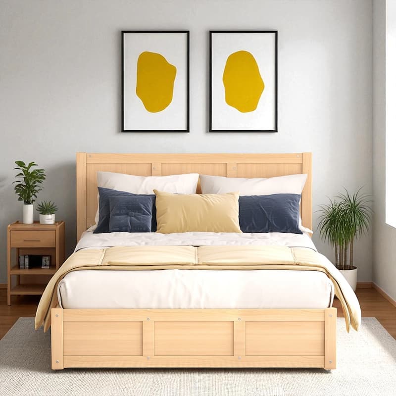 Full/Queen Size Wood Platform Bed with Headboard, 2 Drawers, Extra Storage Space & Sturdy Slats
