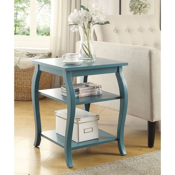 Teal end table with outlet storage