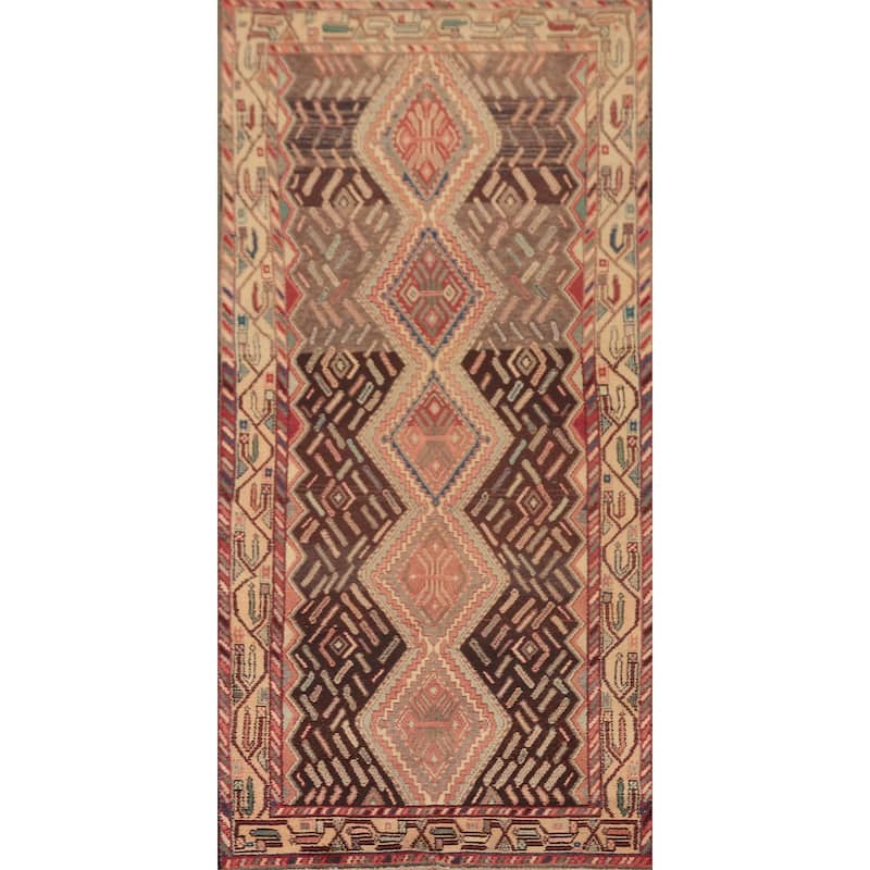 Hamedan Persian Vintage Runner Rug Handmade Brown Wool Carpet - 3'5"x 8'4"