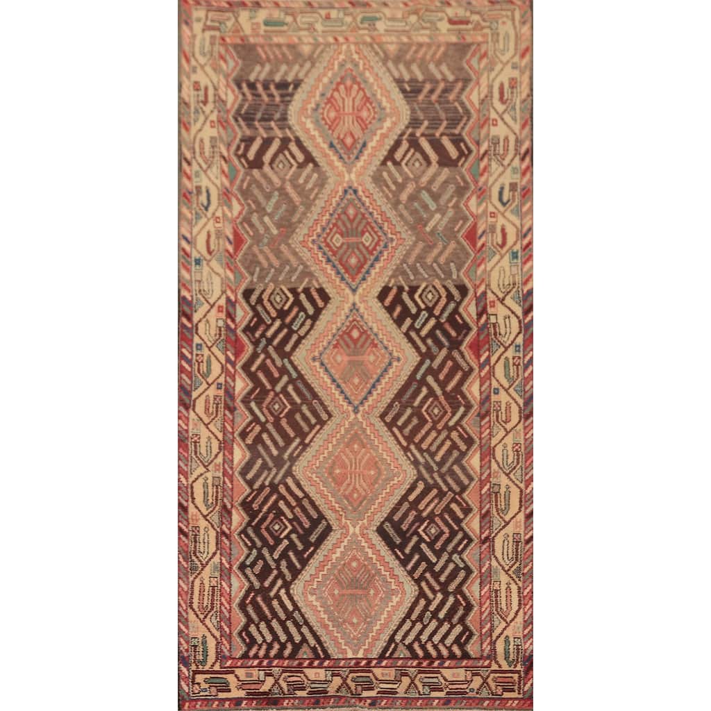 Hamedan Persian Vintage Runner Rug Handmade Brown Wool Carpet - 3'5"x 8'4"