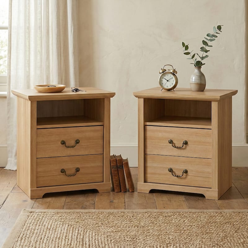 247 Shop At Home Marie 2-Drawer Set of 2 Nightstands with Open Storage Shelf - Natural