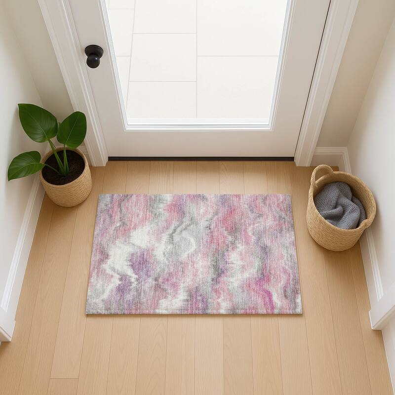 Machine Washable Indoor/ Outdoor Abstract Watercolor Chantille Rug