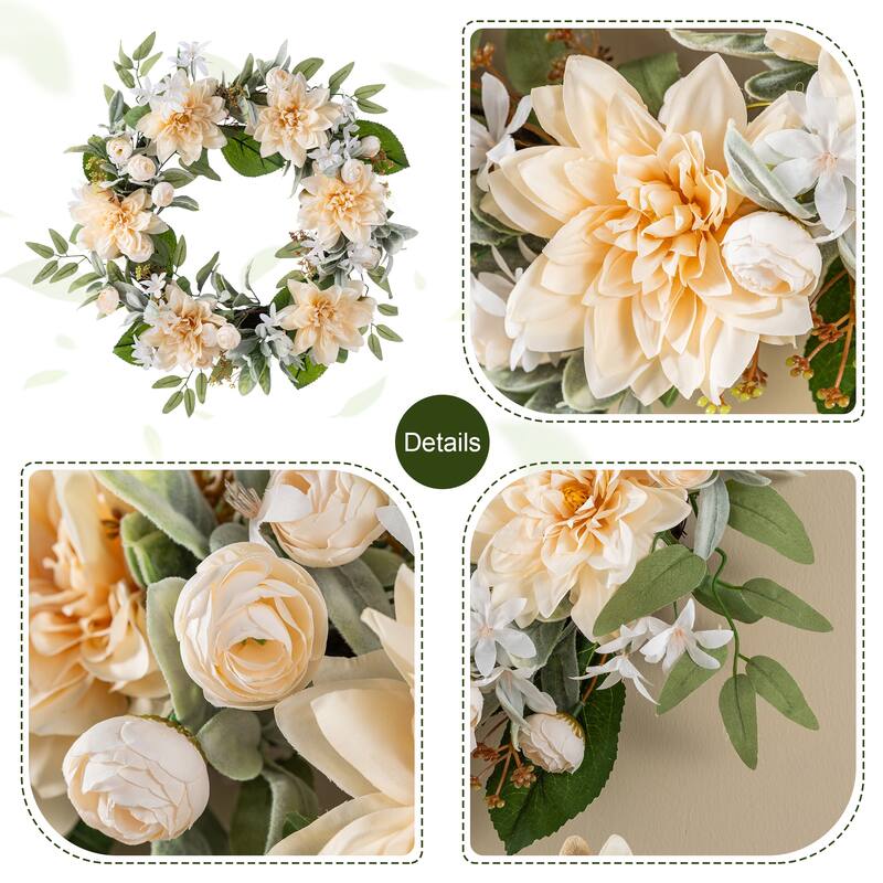 Glitzhome 24"D Artificial Floral Wreath with Peach Dahlia, Blue Peony & Hydrangea or Pink Hydrangea, Peony & Cherry