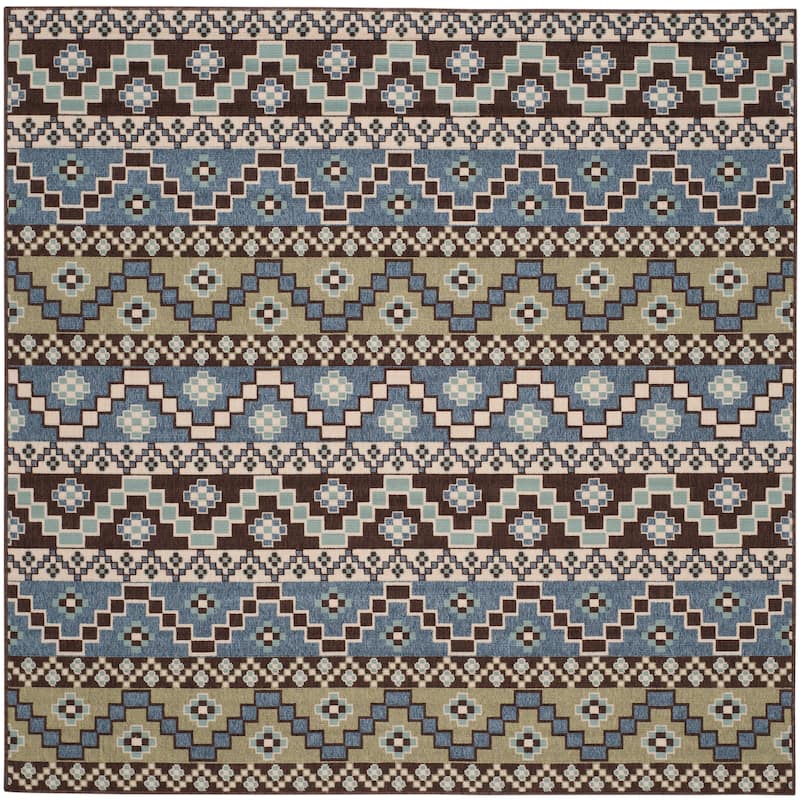 SAFAVIEH Veranda Dymph Indoor /Outdoor Waterproof Patio Backyard Rug - 6'7" Square - Blue/Creme