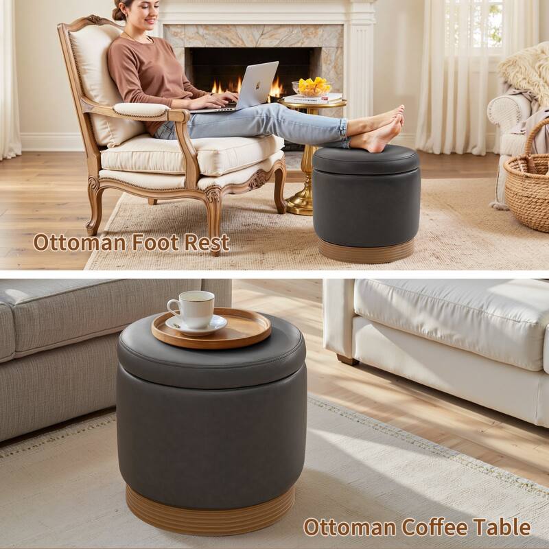Round Swivel Storage Ottoman Footstool with Flip-top and Acacia Frame