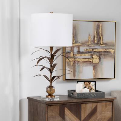 Mandalay 3-Way Palm Fronds Metal Table Lamp with White Linen Shade