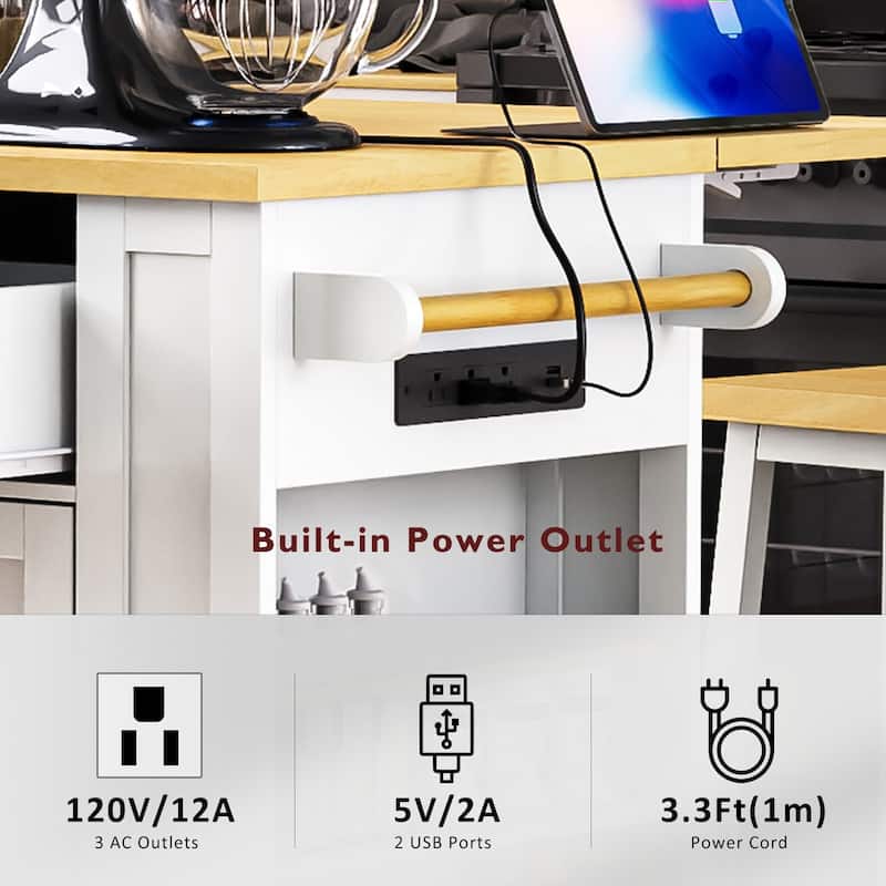 48" Large Kitchen Island with Drop Leaf,Power Outlet,For Kitchen,Dining Room(Not Include Stools)