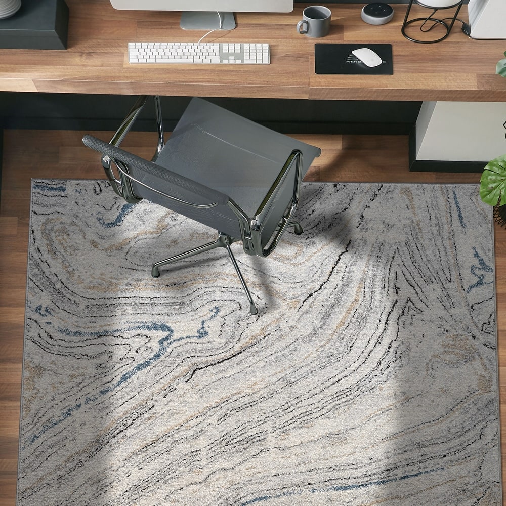 World Rug Gallery Marble Swirl Distressed Area Rug – Ivory / Gray