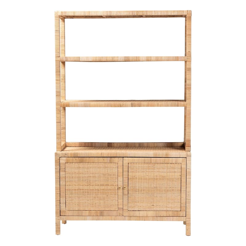Mortis Natural Rattan Open-Shelf Storage Cabinet - 4-Tier Display Shelf with Double Door Base, Coastal Boho Wicker Bookcase