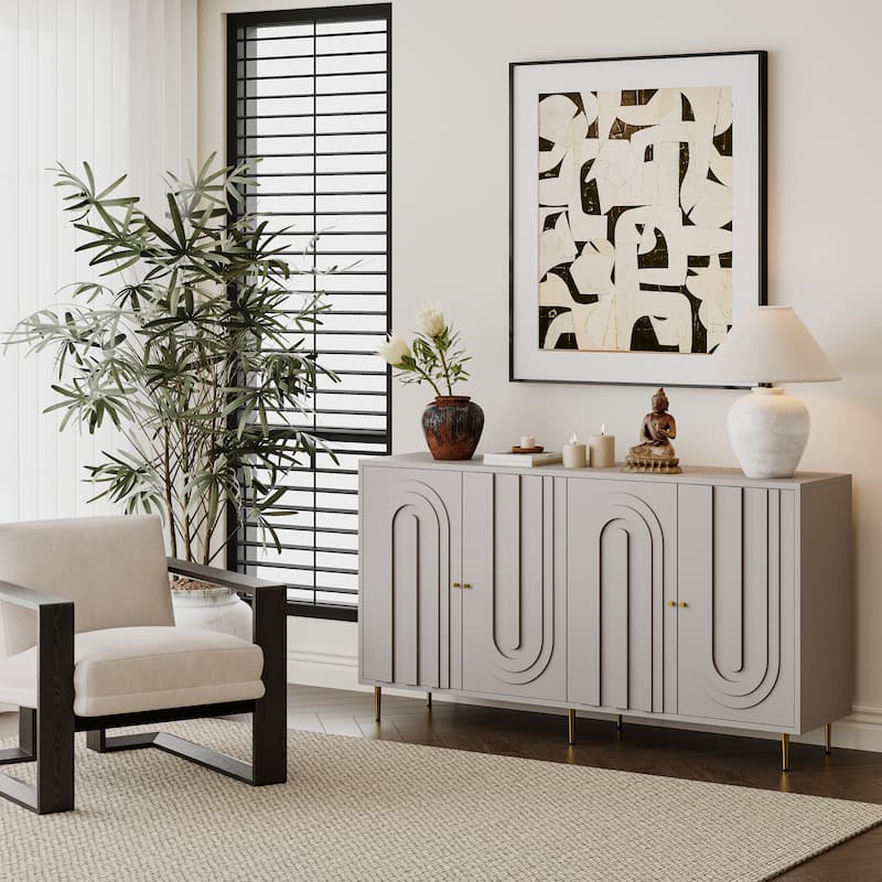 Sleek Gray Lacquered Wooden Sideboard‌ – 4-Door Storage Cabinet for Living Room, Dining Room & Office