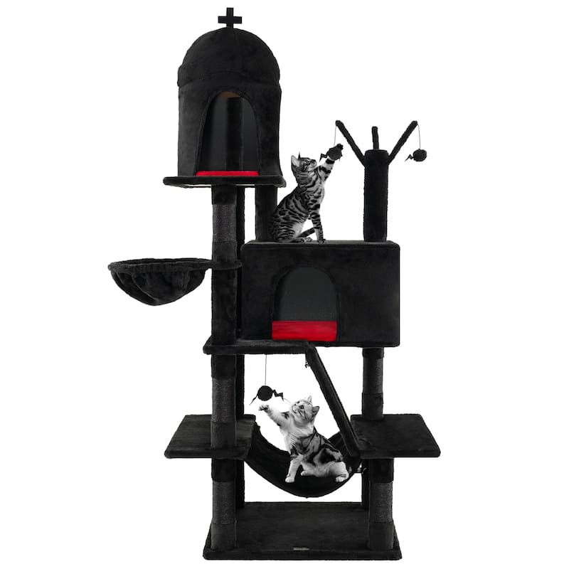 Gothic Cat Tree with 2 Cat Condos and Spooky Dangling Ball for Indoor Cats in Black - 24" x 19.5" x 67"