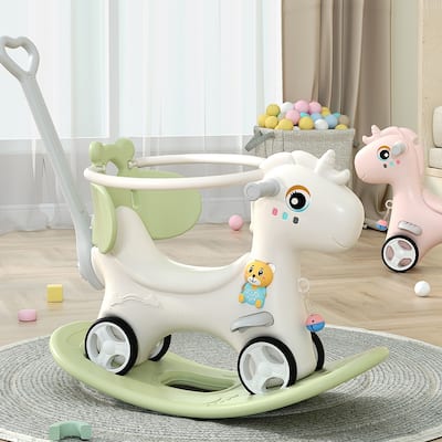 Rocking Horse for Toddlers, Balance Bike Ride On Toys with Push Handle,Backrest and Balance Board for Baby Girl and Boy
