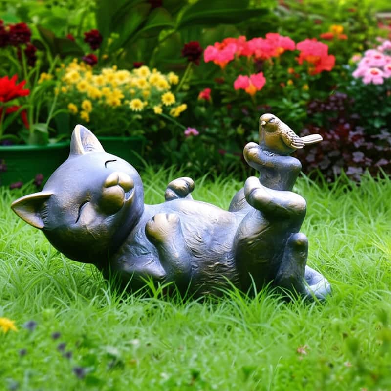 Polyresin Garden Statuary Playful Cat with Bird - 9" Metallic