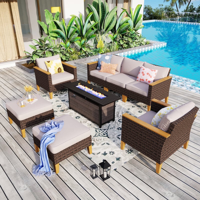 8-Piece Patio Outdoor Wicker Sectional Sofa Set, Large Seating Furniture Conversation Sets with Fire Pit Table