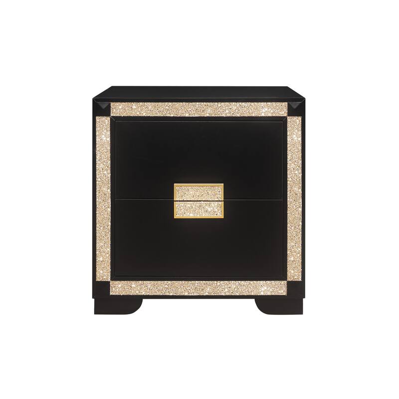 26" Black and Gold Two Drawer Faux Crystal Bling Wood Nightstand