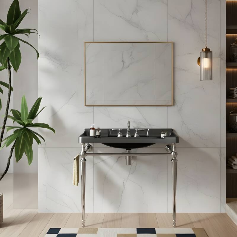 Wall-Mounted Bathroom Vanity with Ceramic Basin and Metal Legs