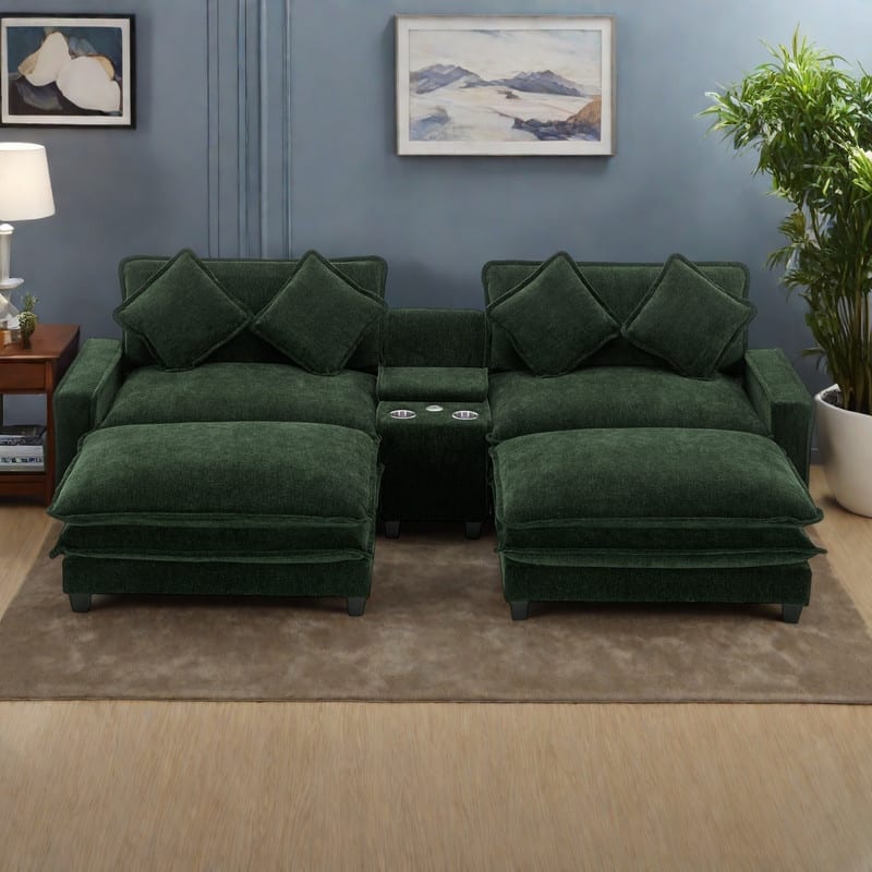 111" Chenille Sectional Sofa with 2 Ottomans, USB Ports and Storage - 4-Seater and Pocket Spring Cushions Cup Holders