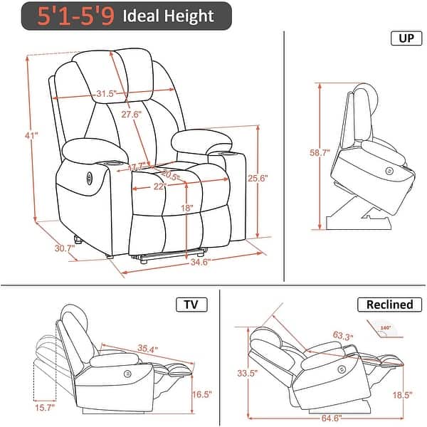 dimension image slide 3 of 4, MCombo Electric Power Lift Recliner Chair Sofa with Massage and Heat for Elderly, 3 Positions, USB Ports, Faux Leather 7040