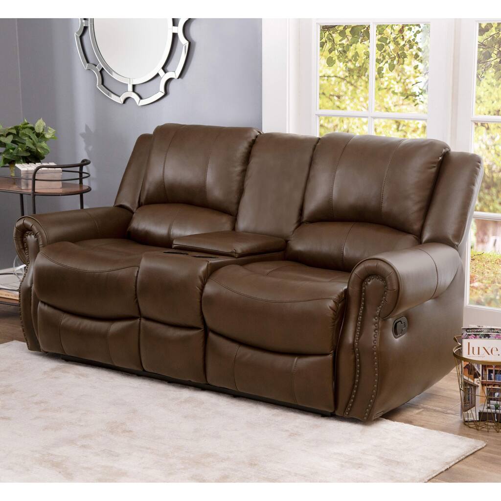 Abbyson Calabasas Mesa Brown Leather Reclining Console Loveseat