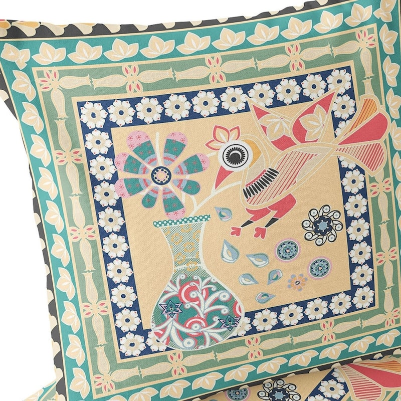 HomeRoots Set of Two 16" X 16" Green and Pink Peacock Blown Seam Floral Indoor Outdoor Throw Pillow - 16.00' X '16.00' X '5.00