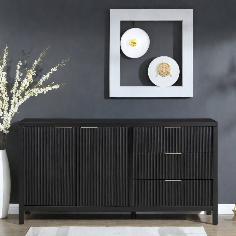 60" MDF Wave Design Console Tables - 2 cabinet & 3 Drawers with Acacia Wood Legs - Black