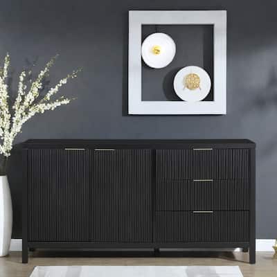 60" MDF Wave Design Console Tables - 2 cabinet & 3 Drawers with Acacia Wood Legs