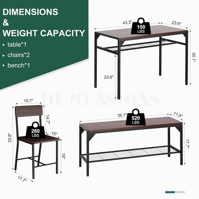 4-Piece Dining Set with Bench & Chairs - Space-Saving Table Set for Kitchen, Breakfast Nook