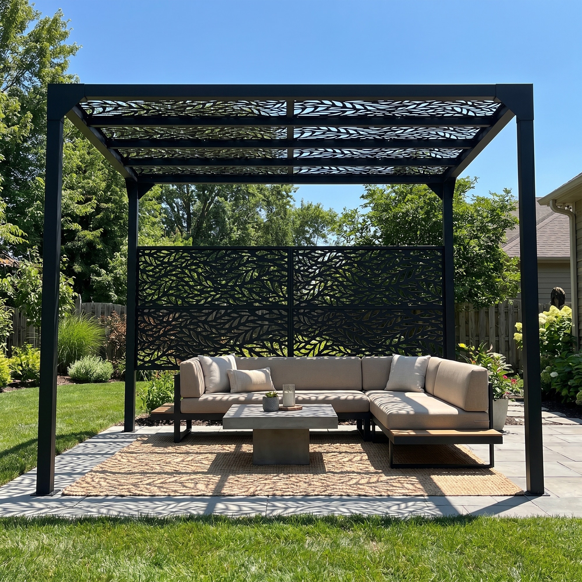 Outdoor Metal Pergola 9.8x7.9ft, Laser-Cut Leaf Pattern Gazebo with Privacy Side Panel, Modern Black Shade Canopy