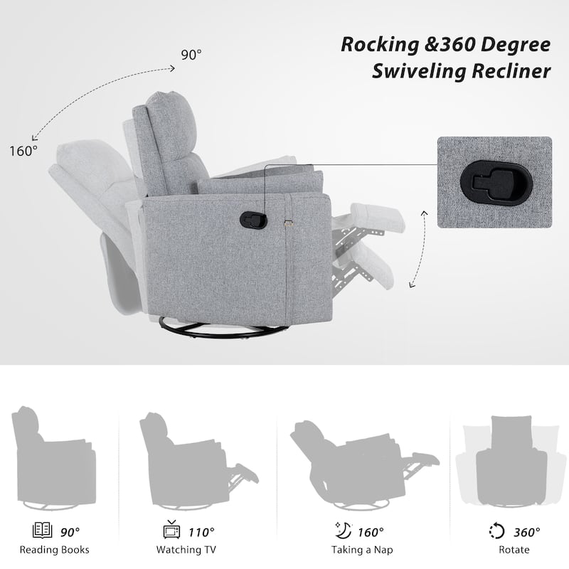 Beige Upholstered Swivel Rocker Recliner with Manual Recline, 360° Swivel, and Two Removable Cushions
