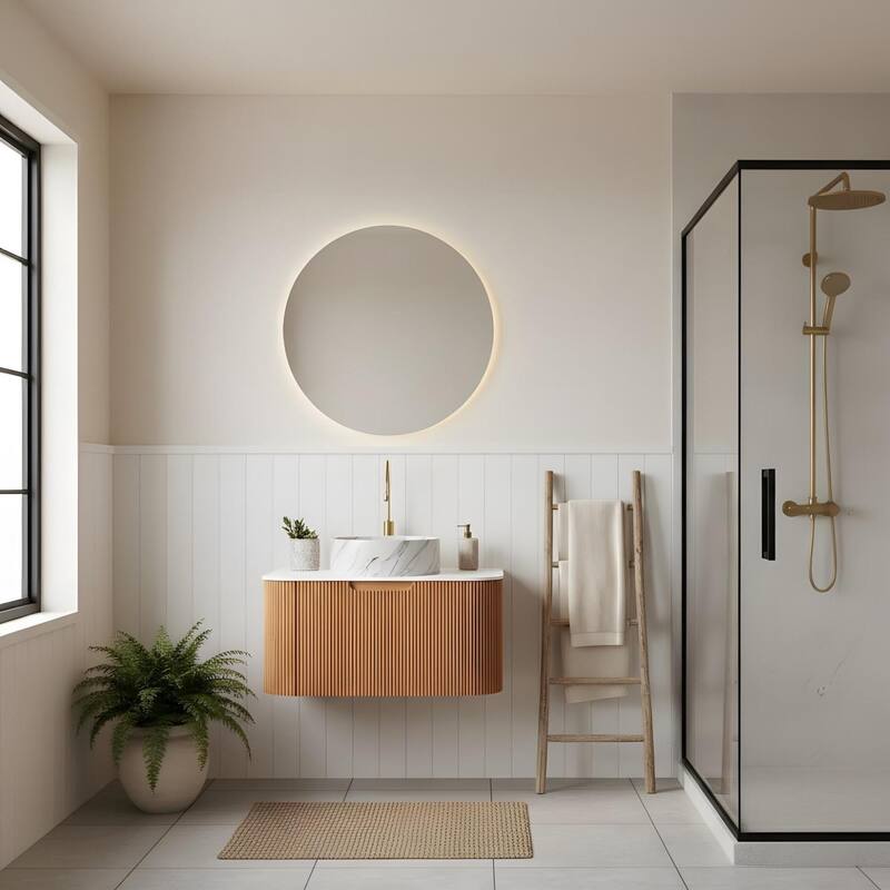 Floating Bathroom with Round Ceramic Basin and Storage Drawer - 30 - Natural Wood