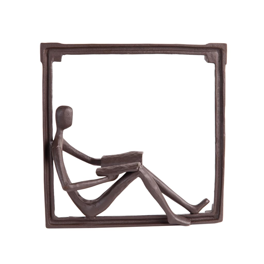 Man Reading on a Window Sill Hanging Wall Art Iron Sculpture