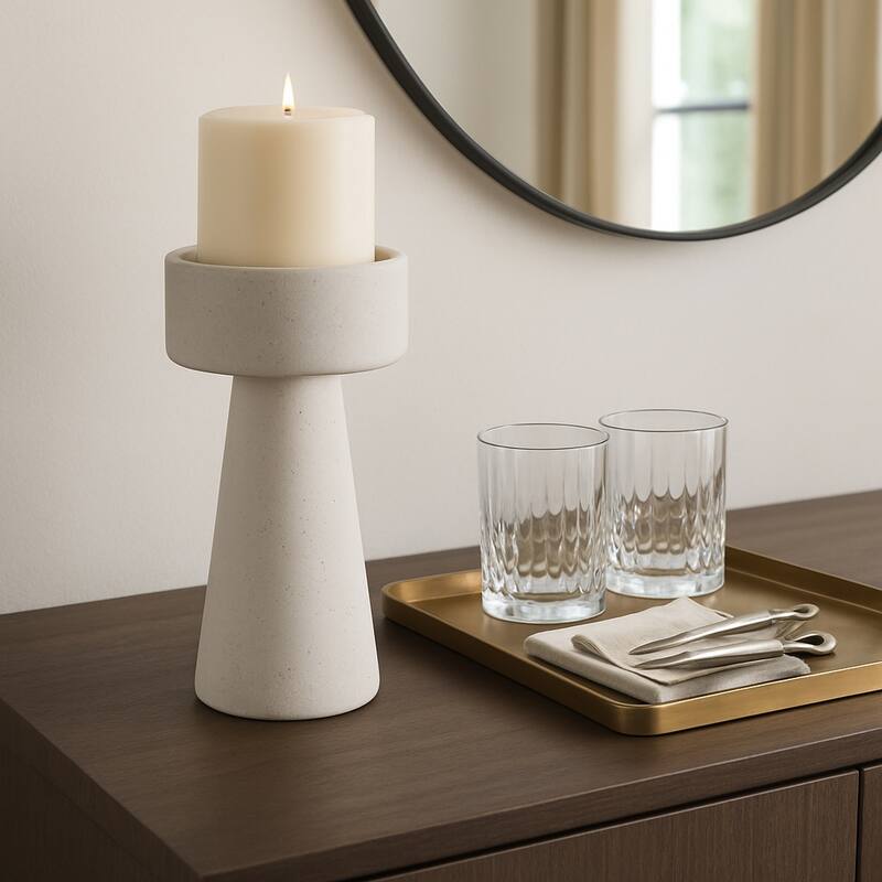 Pottery Taper Holder Cylindrical Top and Conical Base Design - White