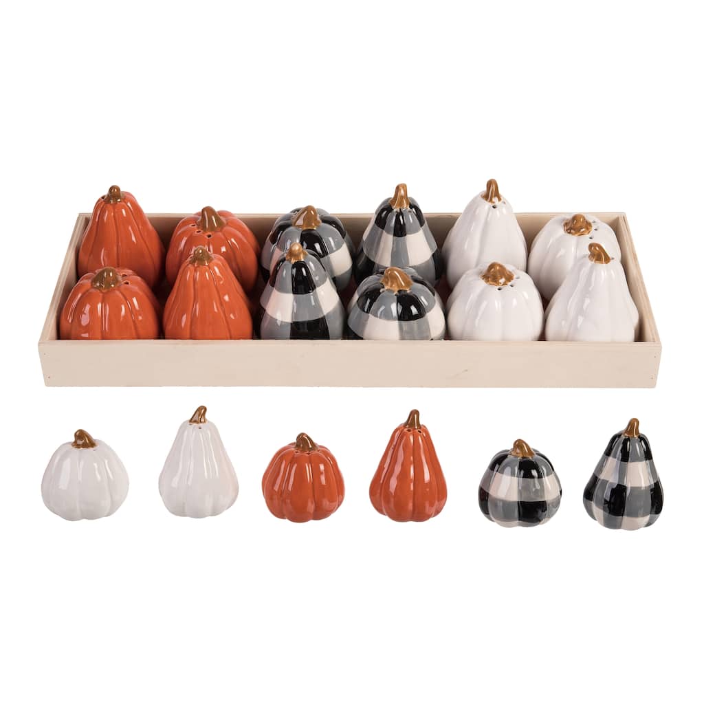 Transpac Dolomite 13.07 in. Multicolor Harvest Mixed Pumpkin Salt and Pepper Shakers Set of 6 In Crate