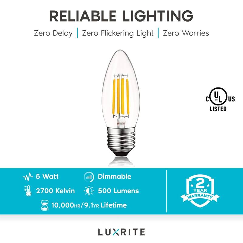 Luxrite 5W Vintage E26 Candelabra LED Bulbs Dimmable, 550 Lumens, 60W Equivalent, Torpedo Tip Clear Glass (12 Pack)